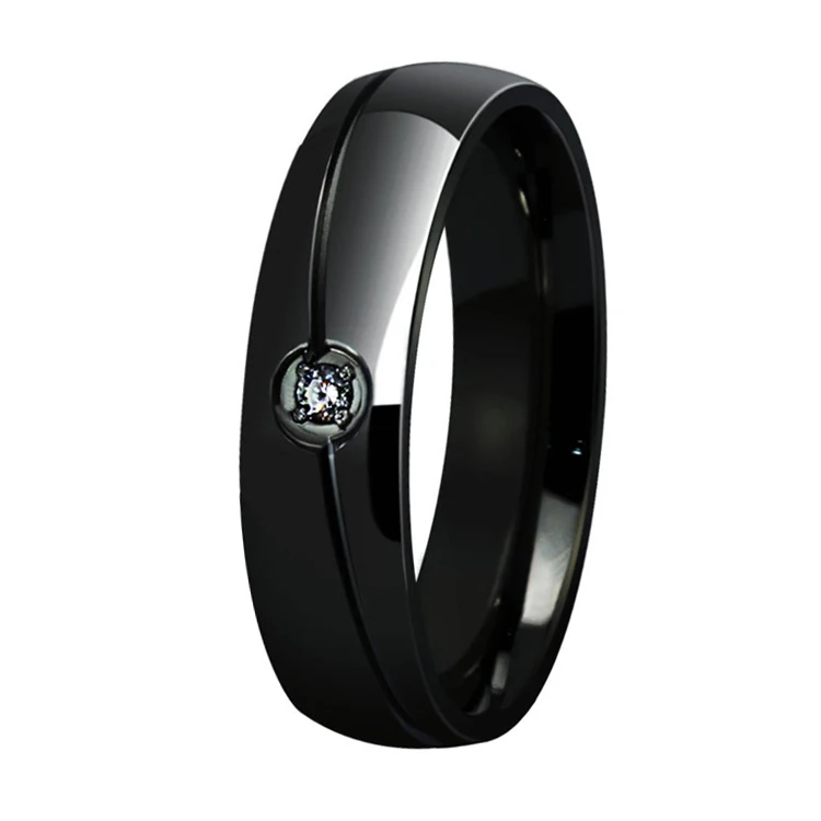 Classic 6mm Black Titanium Steel Woman Ring AAA Cubic Zirconia Wedding Engagement Ring For Men Women 