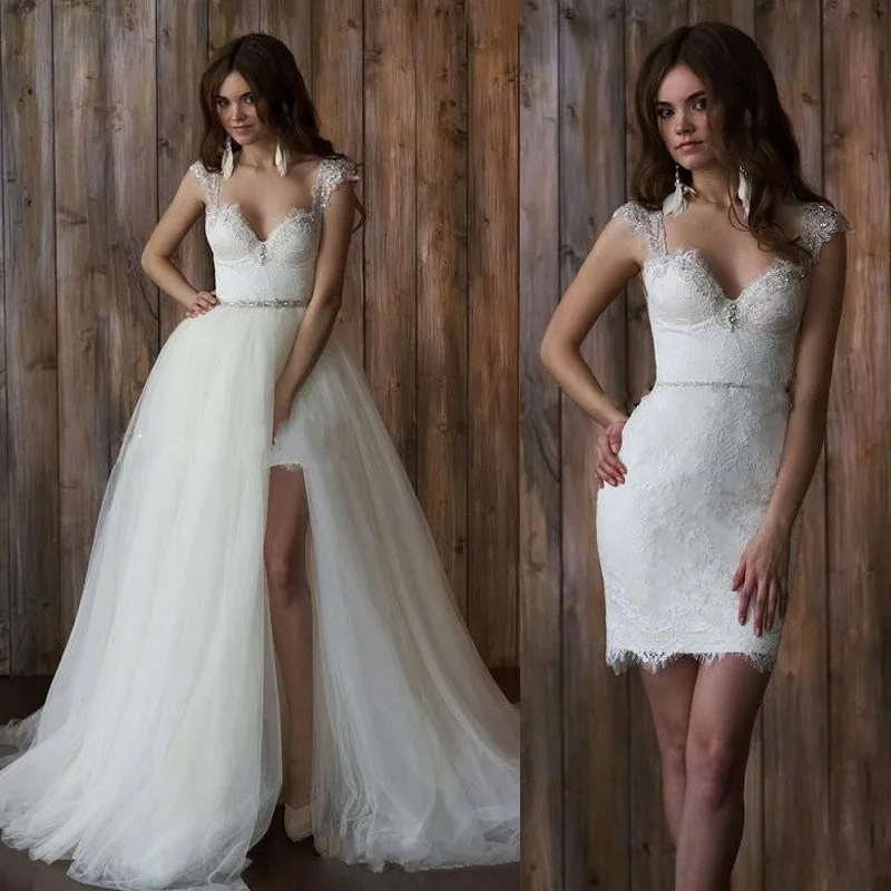 

Cap Sleeve 2 Piece Wedding Dress Short Front Long Back Detachable Skirt Beach Wedding Dresses Vestido de Novia