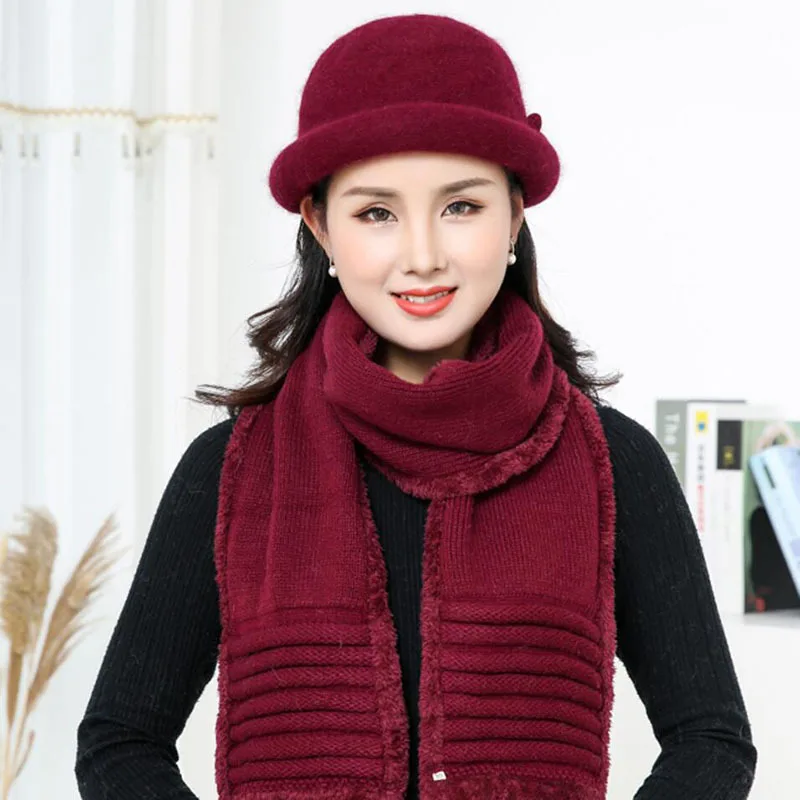 Модная теплая шапка, женский зимний шарф, шапка из кроличьей шерсти, теплая вязаная зимняя бархатная шапка для мамы, шарф, 2 шт