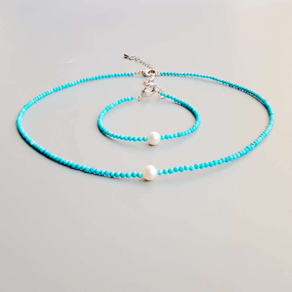 

Turquoises Freshwater Pearl Beads Choker Necklace Bracelet Set Natural Stone Popular Jewelry for Women Nice Gift