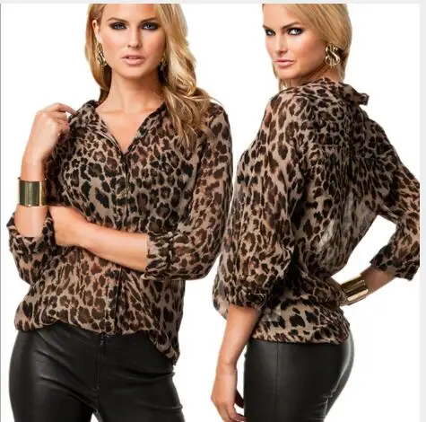 Для женщин шифоновые блузки 2018 новых Для женщин с длинными рукавами и леопардовым принтом топы отложным воротником Топы Для женщин верхняя