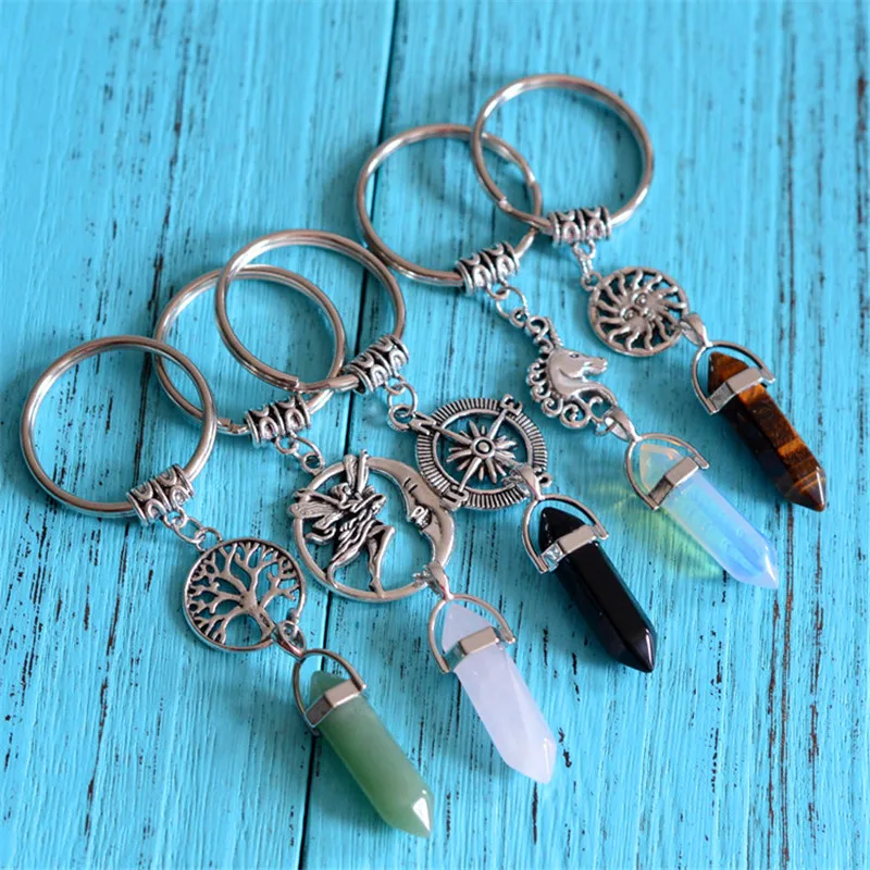 Buy Natural Gem Stone Keychains Hexagonal Prism Point