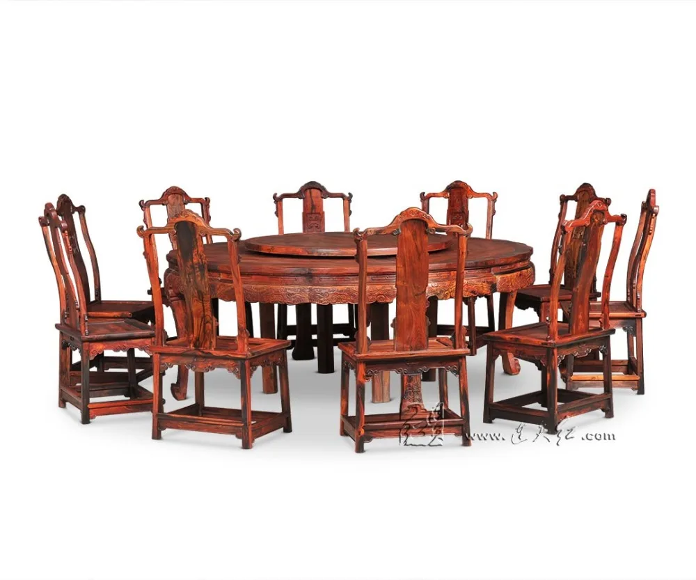 2.1M Round table and 10 Chair Furniture Set Rosewood Dining Big Desk Antique Solid Wood Hotel Coffee Tea Armchair Backed Annatto