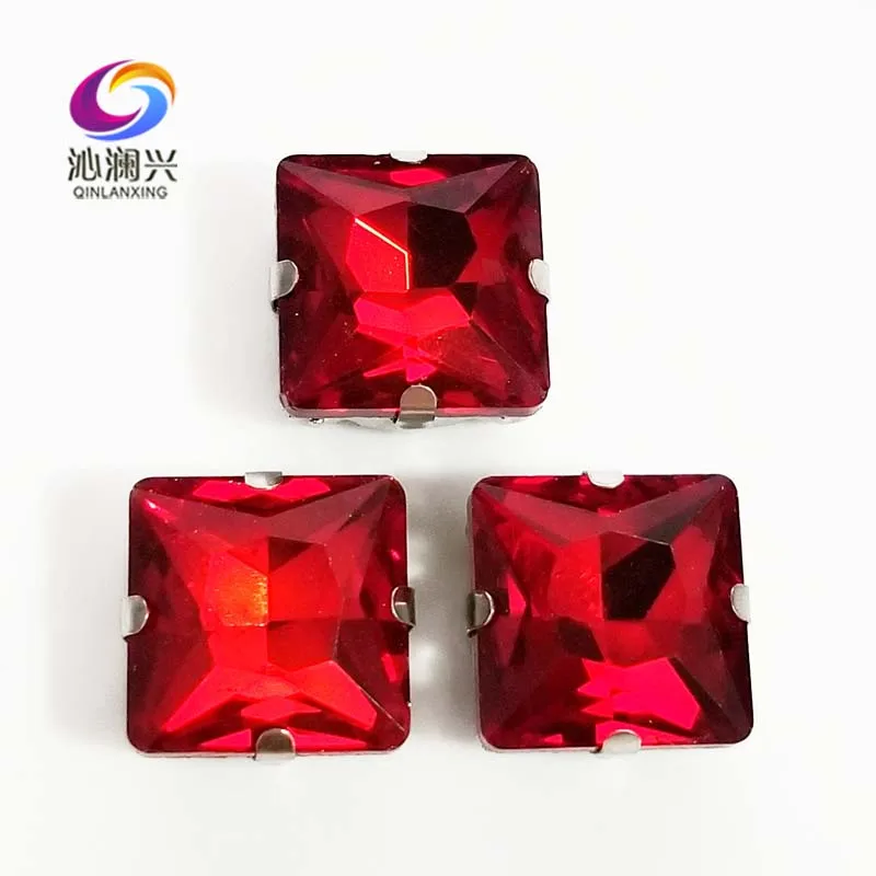 

Red top quality Glass Crystal sew on stones,square shape claw rhinestone with holes,Diy/Clothing accessorie SWZ407