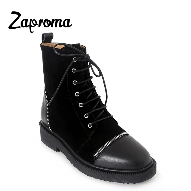 

Fashion Zipper Advanced Flock Spring and Autumn Black Lace-Up Motorcycle Boots Woman Shoes
