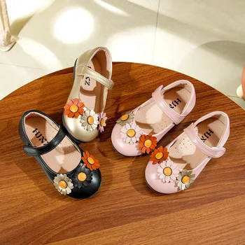 

Girls Leather Shoes Sweet Flowers Princess Shoes Hook Loop Kids Barefoot Shoes Soft Children Party Dress Shoes Chaussure Fille