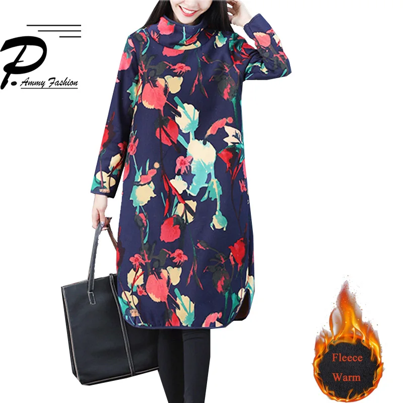 

Fleece Lining Warm Floral Print Dress Winter Turtleneck Thicken Keep warm Jumper A-Line Dress 2018 Long Sleeve Tunic Pullover