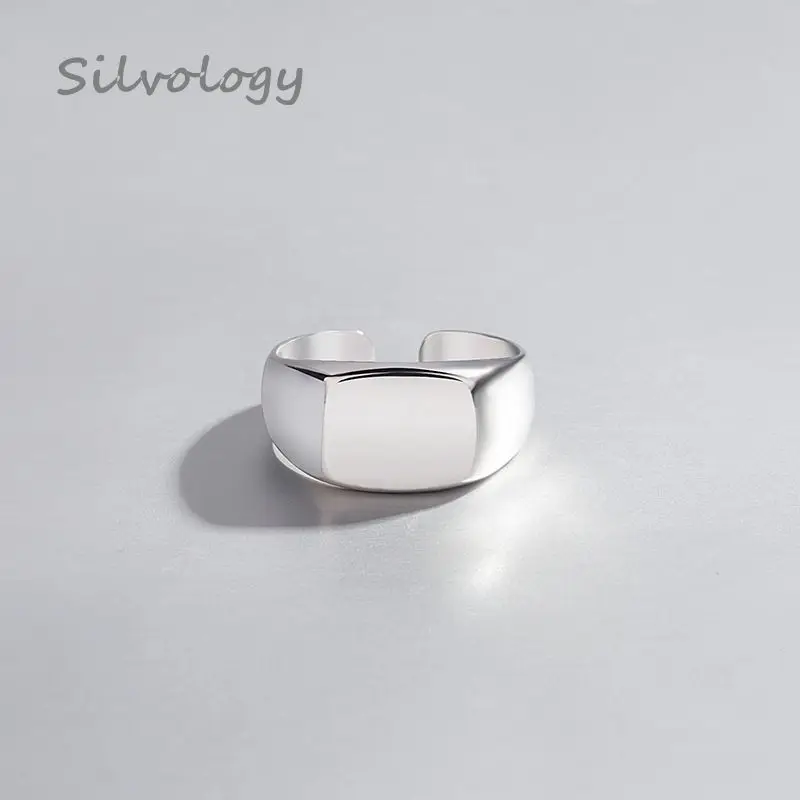 

Silvology 925 Sterling Silver Glossy Wide Rings Silver Simple Square Texture Korea Open Rings For Women Elegant Jewelry Charm