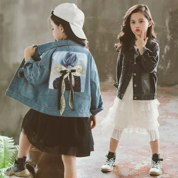 

3-12Years Teenage Girls Outerwear Sequins Ribbons Girl Coat Princess Children's Clothing Fashion Kids Denim Jacket