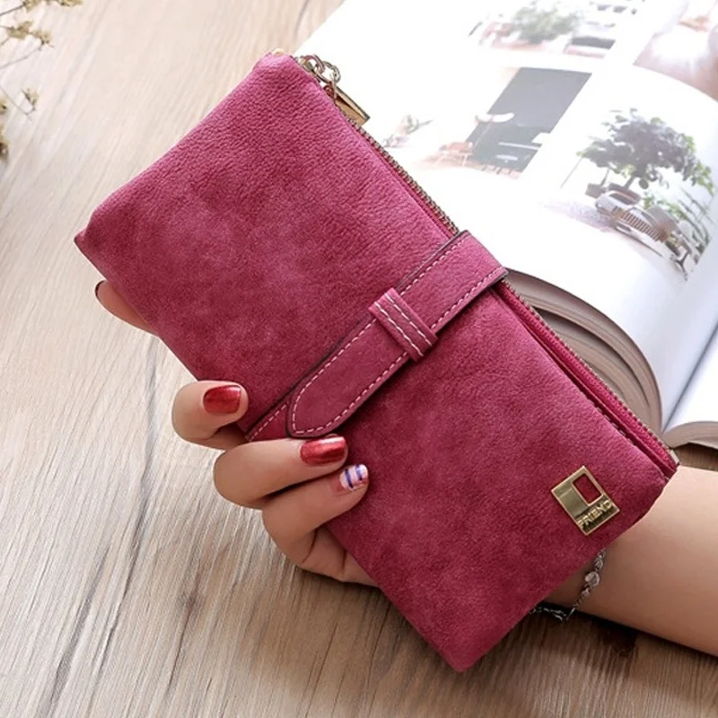 

Drawstring Two Fold Women Scrub Leather Long Wallet Multi Card Ladies Bag High Quality Vintage Card Holder Money Zipper Purse