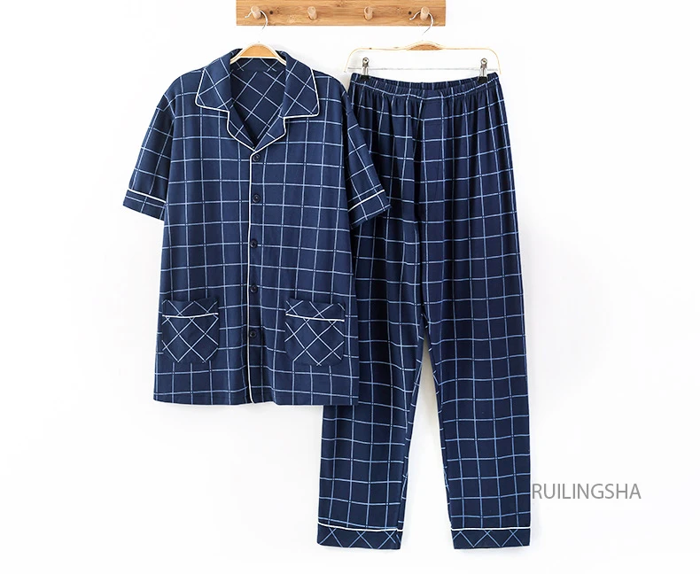 Мужские летние хлопковые пижамы с коротким рукавом, брюки, кардиган, повседневные клетчатые пижамы, свободные пижамные комплекты из двух