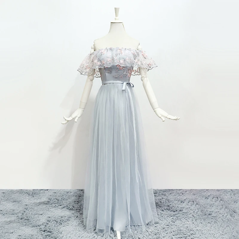 

Blue Grey Color Long Bridesmaid Dresses Wedding Guest Dress for Wedding Party for Woman Boat Neck Embroidery Long Party Dresses