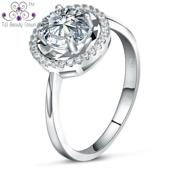

Real 925 Sterling Silver Classic Shining One Carat White Cubic Zircon Round Wedding Rings For Women Bridal Jewelry