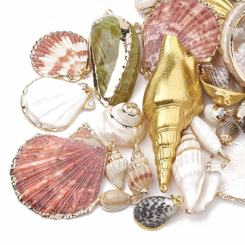 

PandaHall 50pcs Natural Sea Shell Hot Summer Bijoux Necklace Pendant Natural Color with JumpRing Mixed Styles 15~86x7~51x5~30mm
