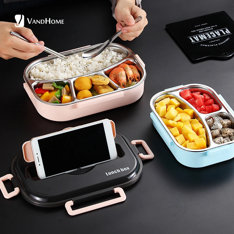 VandHome Japanese Bento Box With Compartments 304 Stainless Steel Lunch Box For Kids Microwave Food Container With Tableware Set