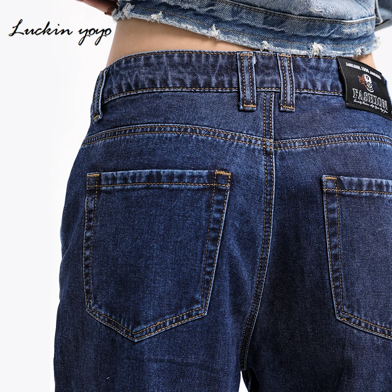 Luckinyoyo Mid Waist Mom Jeans Casual Plus Size Women's Jeans Pant Cotton Loose Style Full Length High Street Denim Jeans