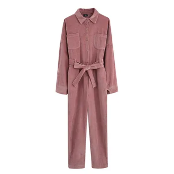 

2019 New Casual Jumpsuits Women Corduroy Rompers Long Sleeved Pockets Button Solid Pink Brown Khaki