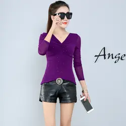 2018 новые осенние женские рубашки с широким рукавом Тонкий v-образным вырезом Базовая Блузка рубашка хаки фиолетовый черный 681