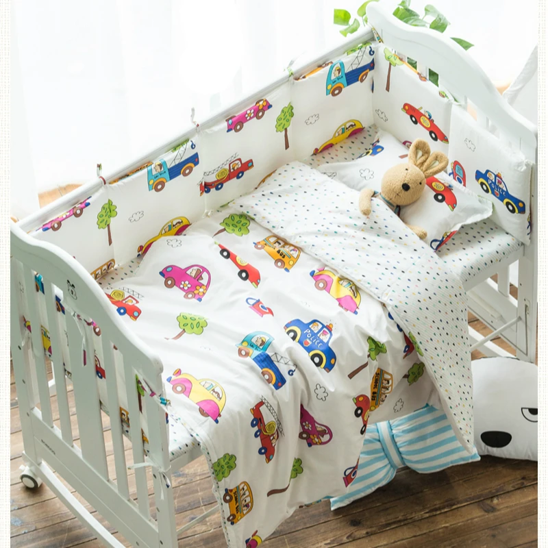 

7 pcs set cartoon car Animal crib bumpers baby bedding set cot bed protector cotton crash barrier duvet cover sheet pillowcase