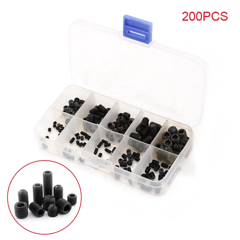 

200Pcs/Box 304 Stainless Steel Allen Head Socket Hex Set Grub Screw Assortment Cup Point Kit --M25