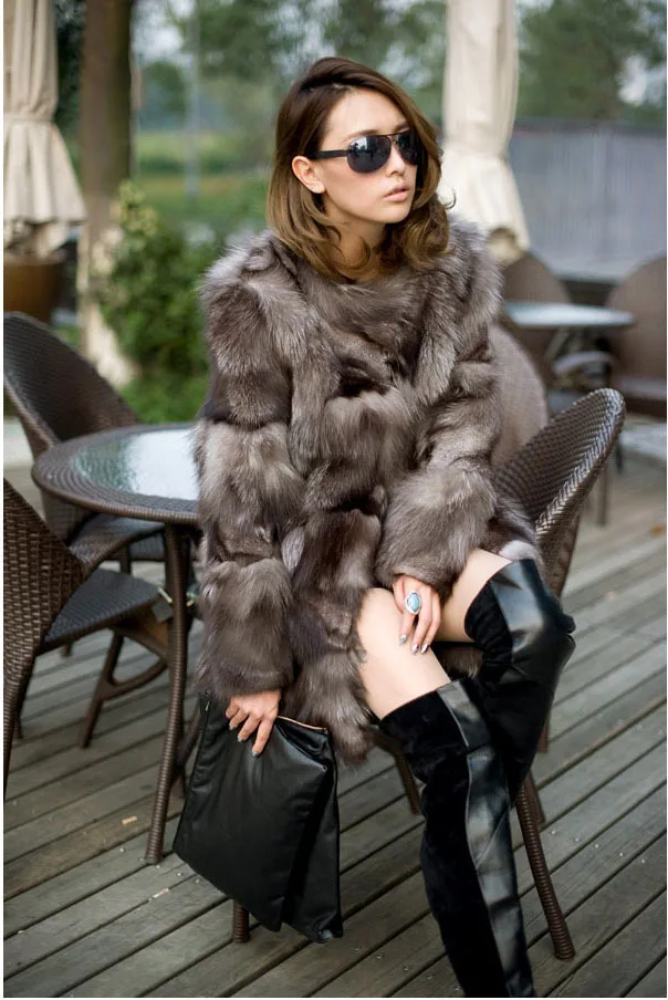 Новое пальто с мехом серебристой лисы для принцессы, женское длинное качественное пальто с мехом лисы, зимняя куртка из натурального Лисьего меха,, F0311