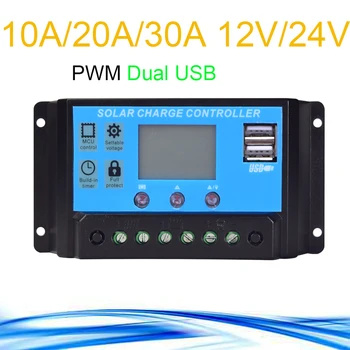 

10A/20A/30A 12V 24V Auto Solar Charge Controller PWM Controllers LCD Dual USB 5V Output Solar Panel System DIY Kit PV Regulator