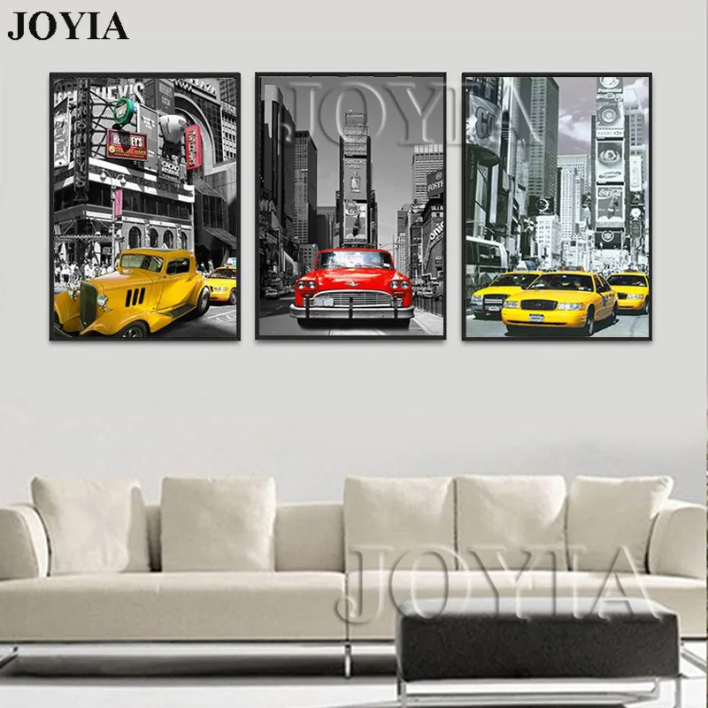 Triptych Modern Wall Pictures Car Picture Canvas Painting Urban Night Scene Printed Cuadros Decoration For Living Room No Frame