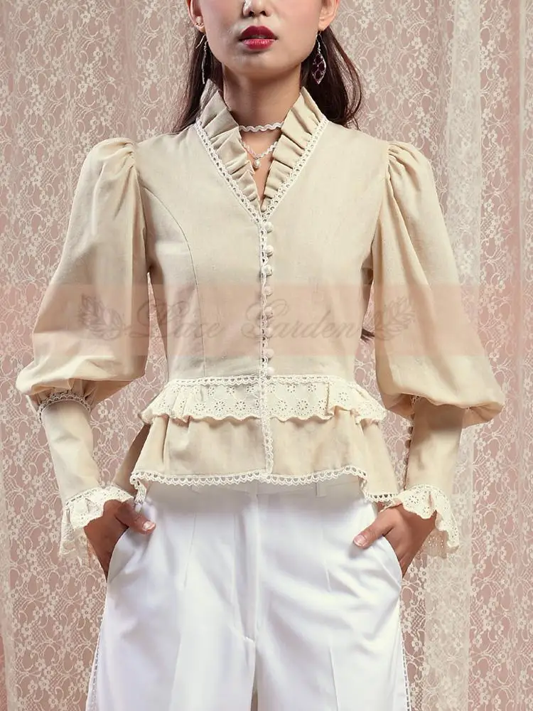Victorian women lantern sleeve shirt Royal court tops vintage gothic lolita costume office shirt Female Splice Cotton blouse (3)