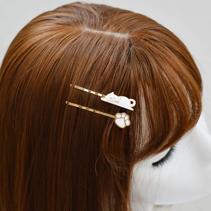 Women Cute Cartoon Cat Claw Side Bangs Hair Clip Drop Oil Girls