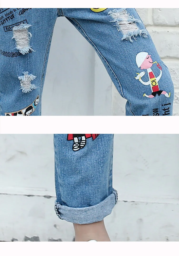Весенние новые модные однотонные рваные джинсы со средней талией и рисунком для девочек детские штаны длинные хлопковые джинсовые штаны
