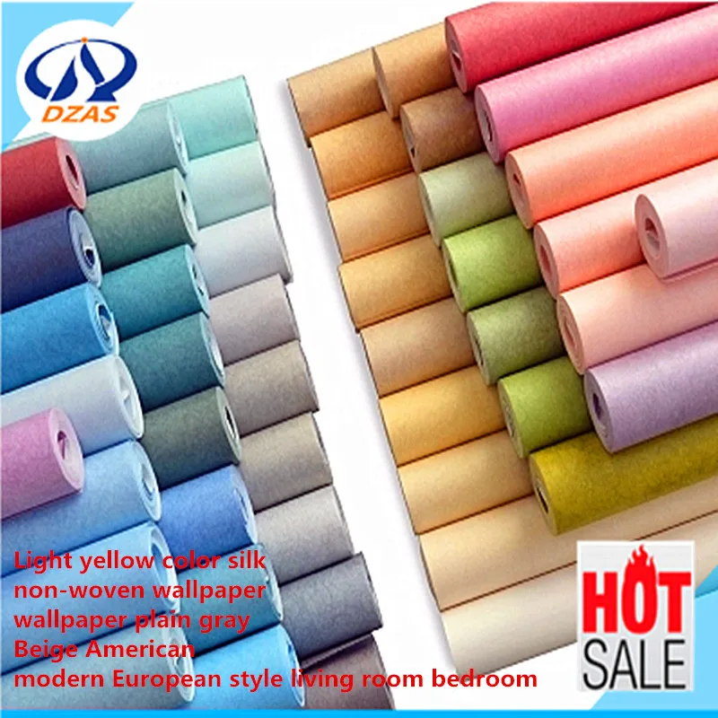 

Free shipping Light yellow color silk non-woven wallpaper plain gray Beige American modern bedroom living room wallpaper