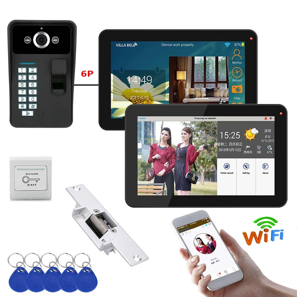 9 inch 2 Monitors Wired / Wireless Wifi Fingerprint Video Door Phone Doorbell Intercom System with Electric Strike Lock