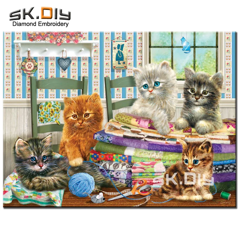 SK DIY Алмаз вышивка пять Cat Семья 5D Diamond роспись алмазной мозайкой 3D Краски полный