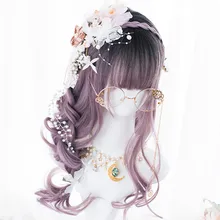 Косплей салон H762304 Лолита длинный кудрявый смешанный фиолетовый градиент Омбре Япония милый с челкой синтетический парик для студенческой вечеринки+ Кепка