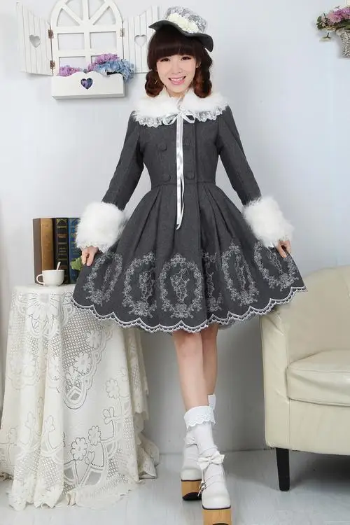 

Lovely Gray Winter Cute Lolita Style Coat Winter Long Cotton Coats All Size