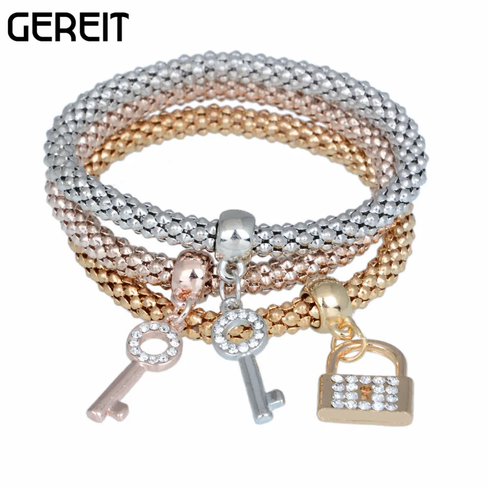 3Pcs/Set High Quality Crystal Key Lock Pendants Chain Bracelets