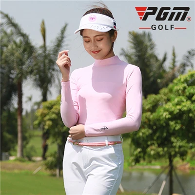 Pgm, женские рубашки для гольфа, летние, солнцезащитные, эластичные, для похудения, футболки для гольфа, женские, ледяные, шелковые, со стоячим воротником, рубашки, размер S-XXL, AA60444 - Цвет: Розовый