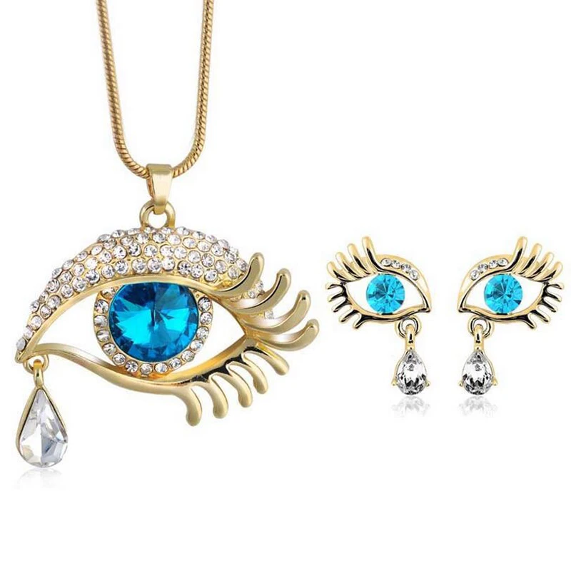 

Elegant Teardrop Eye Crystal Jewelry Set For Women Austrian Rhinestone Eye Necklace Earrings Set Colar Perola