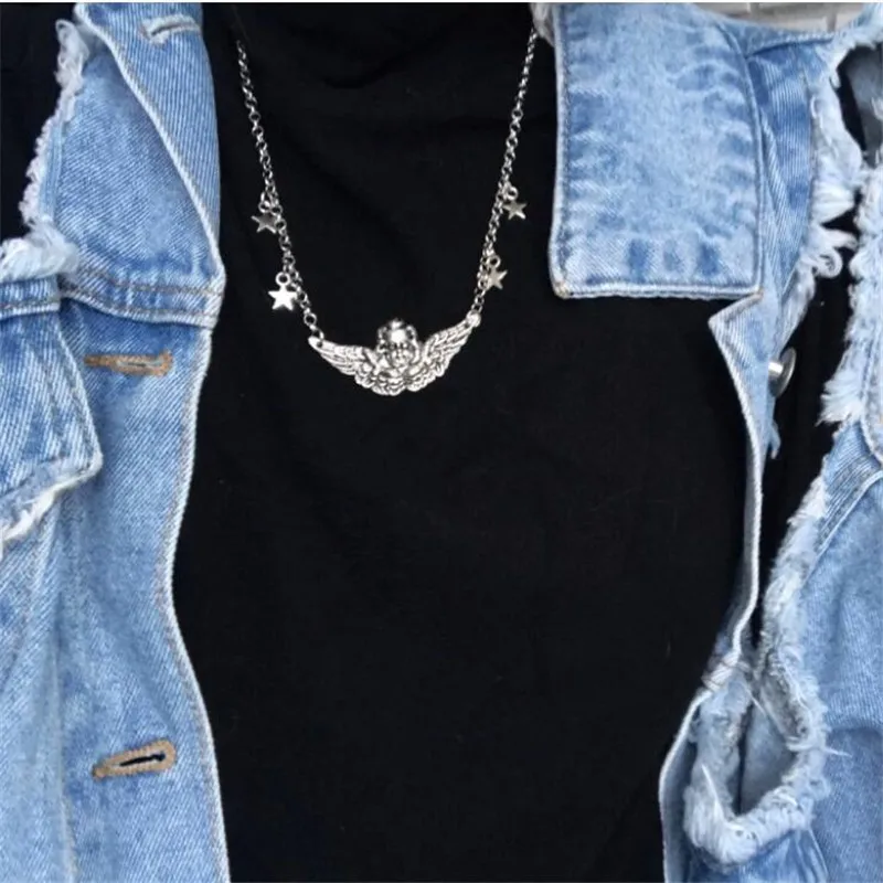 

European and American personality Judy Cupid Angel Wings Necklace Retro Old Five-pointed Star Pendant Sweater Chain For Women