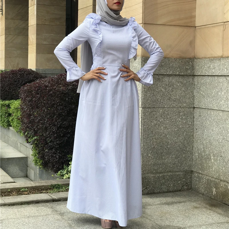 

2019 Fashion Women Muslim Abaya Dress O Neck Ruffled Sleeve Black Blue Striped Islamic Dress Turkish Dubai Robe Musulmane