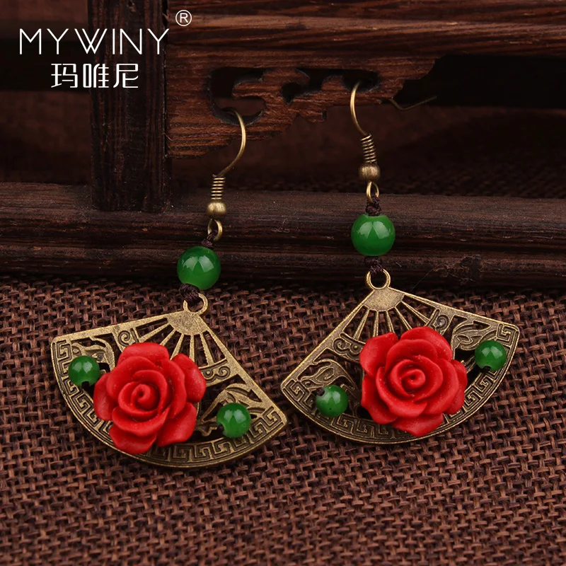 

Bronze fan Lapis flowers ethnic earrings, Original handmade nature stones dangle earrings ,New Ethnic jewelry vintage earrings