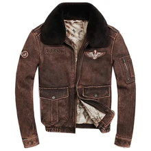 2018 Vintage Brown Men Pilot Leather Jacket Wool Collar Genuine Thick Cowhide Winter Russian Flight Leather Coat FREE SHIPPING