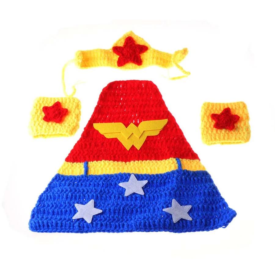New Superhero Baby Crochet Wonder Woman Costume Newborn Knitted Comics Photography Prop Cape Crown and Wristlets Outfit (2)