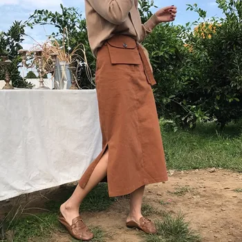 

TWOTWINSTYLE Lace Up Tunic Midi Skirts Women Autumn High Waist Big Size A Line Skirt With Pockets Famale Split Loose Clothing