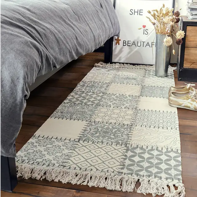 Printed Bedroom Bedside Carpets Rugs With Tassel Cotton Woven Bohemian Style Runner Rugs