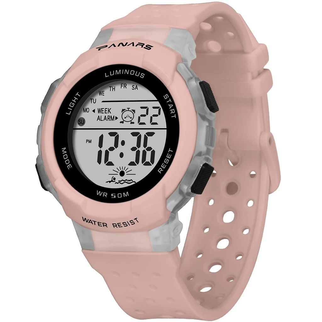 PANARS детские спортивные цифровые часы спортивные водонепроницаемые красочные светодиодный наручные часы многофункциональные дышащие студенческие часы - Color: Pink