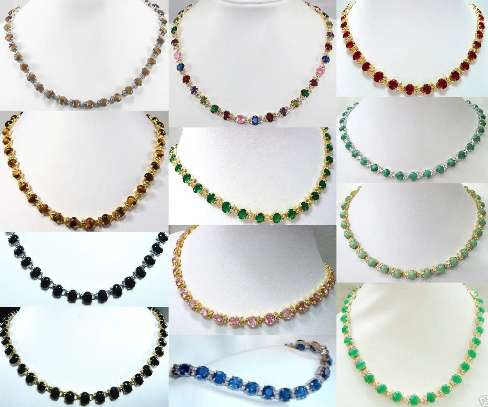 

11.23 13 color-6*8mm pink/green/blue/red/black zirconia/jade/agate/tiger eye necklace can choose