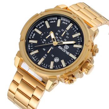 

SKONE NEW Design Gold Black Watches Men Luxury Brand Chronograph Calendar Quartz Watch Business Male Clock Wristwatch