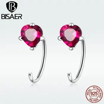 

BISAER Authentic 925 Sterling Silver Love Heart Stud Earrings for Women Pink CZ Zircon Fashion Earrings Jewelry ECE531