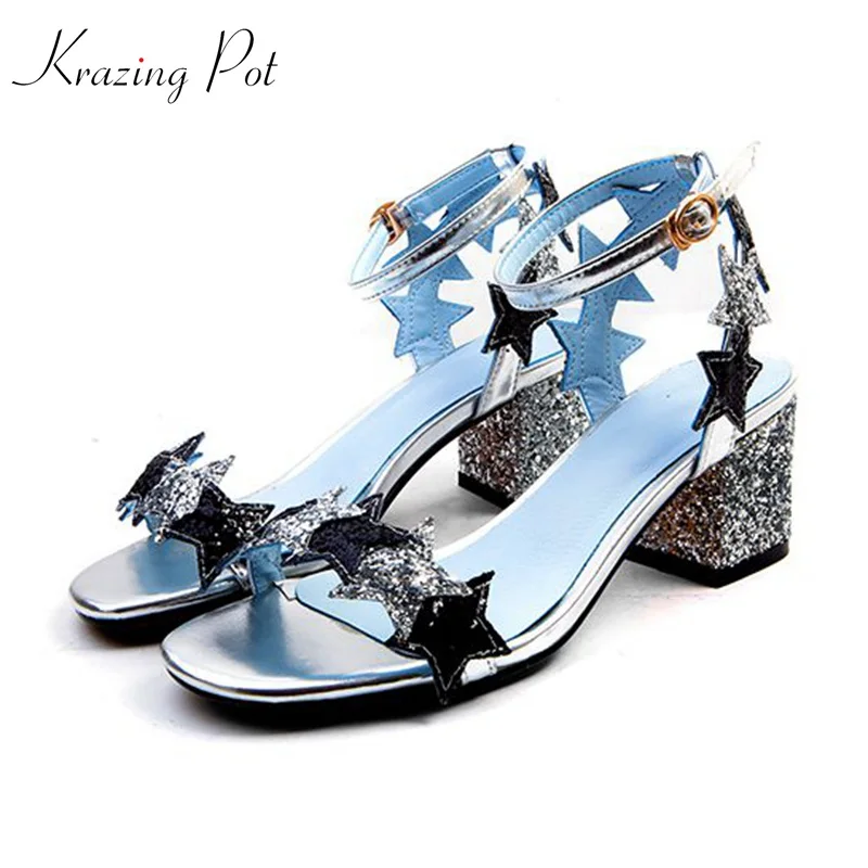 

Krazing Pot 2018 new sequined cloth five-star graphics peep toe bling high heel women sandals princess style superstar shoes L24